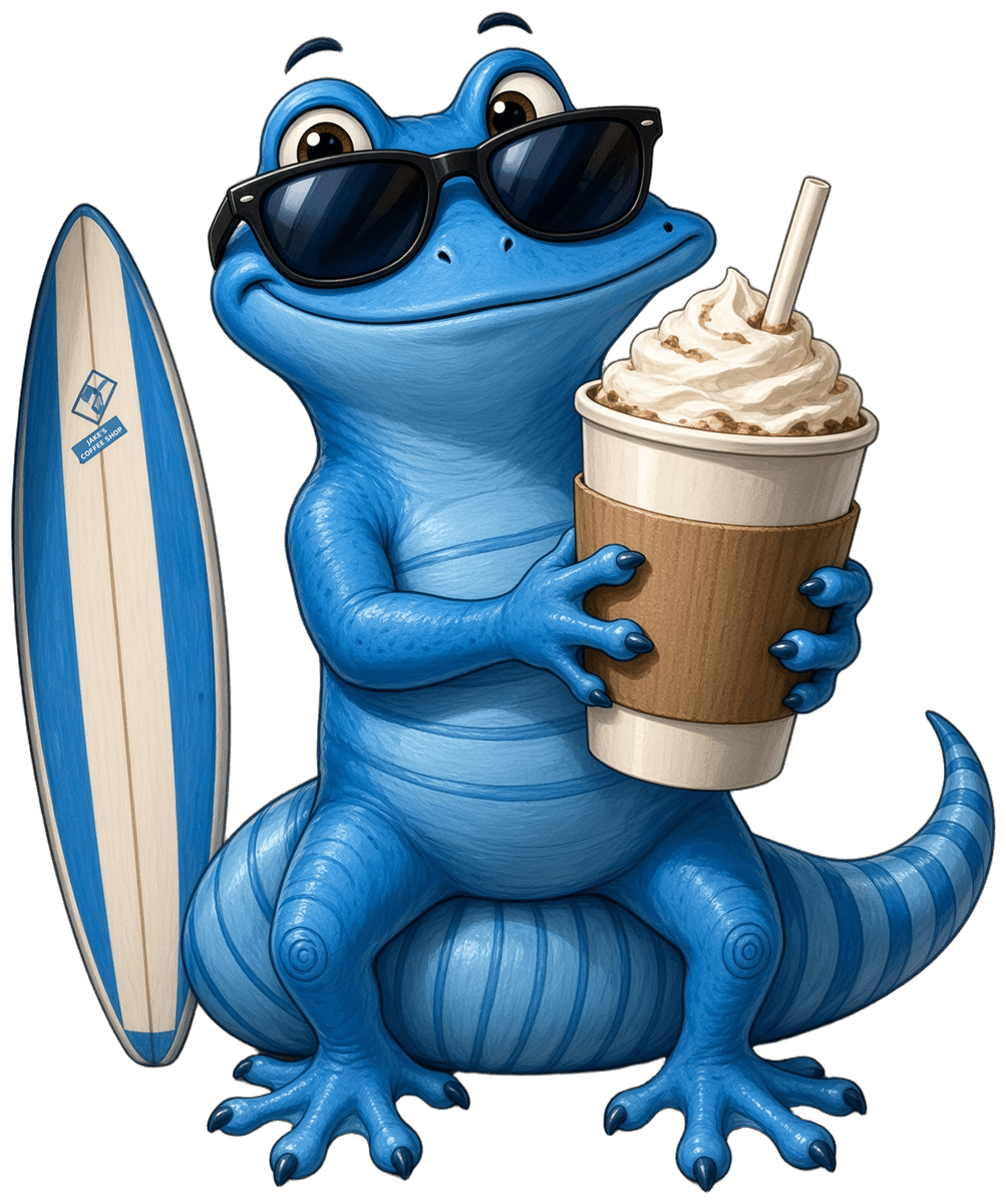 Mr Blues Coffee blue gecko mascot in black sunglasses, holding a whipped-cream iced coffee with a straw, next to a blue and white surfboard on the beach